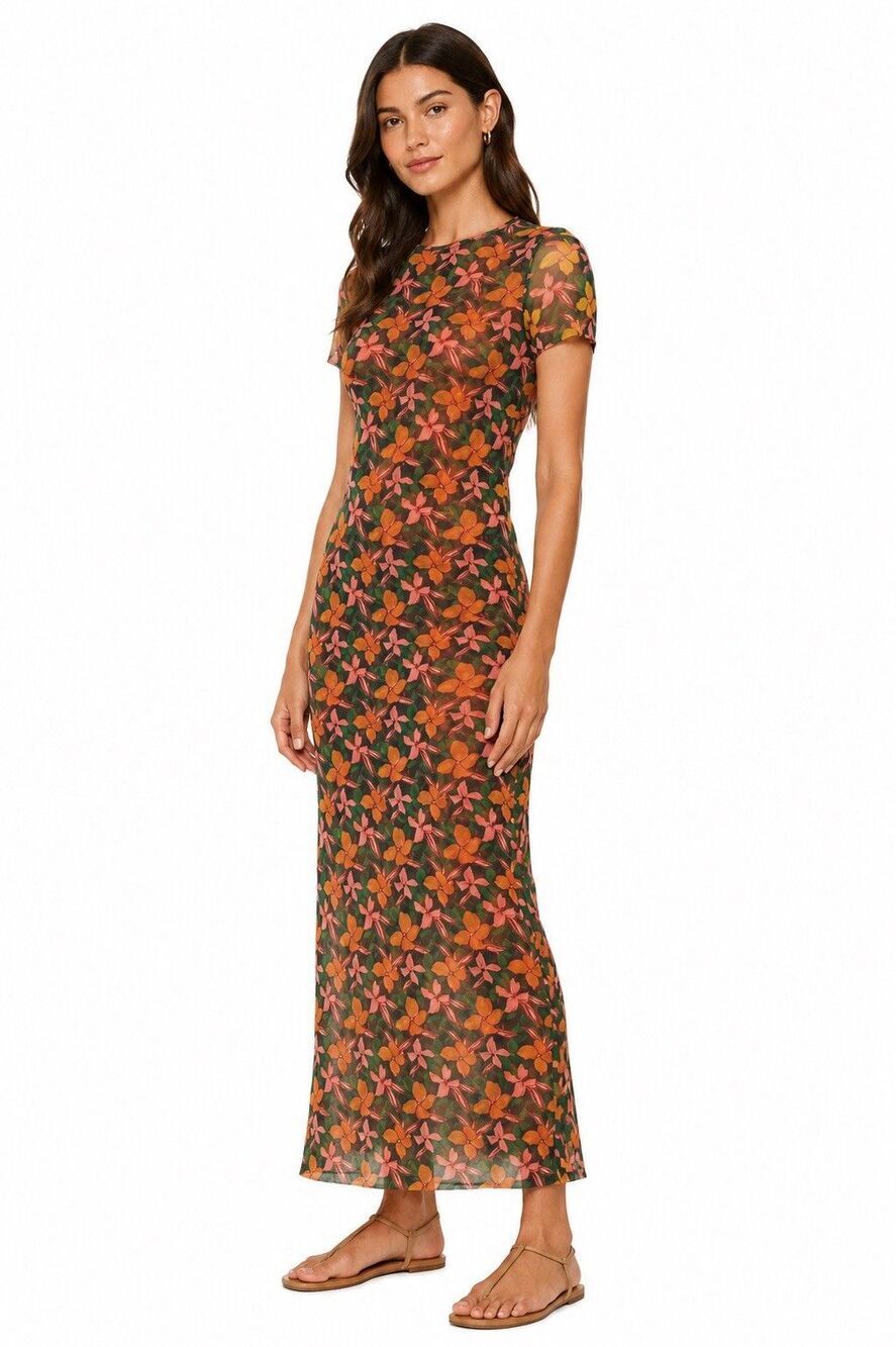 MISA Los Angeles Vanessa Dress Plumeria Mix Mesh Floral Maxi Dress Size L